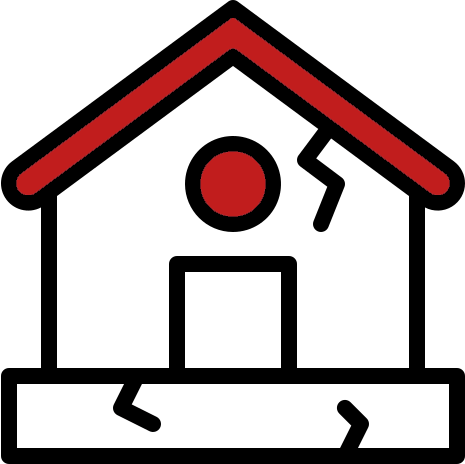 A house with a red roof and red dot in the center.
