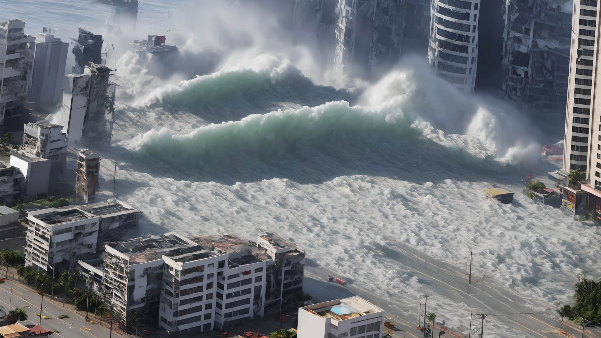Massive tsunami wave hitting a coastal city, causing extensive destruction.